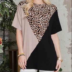 93- Color Block Top with Leopard Print Blouse